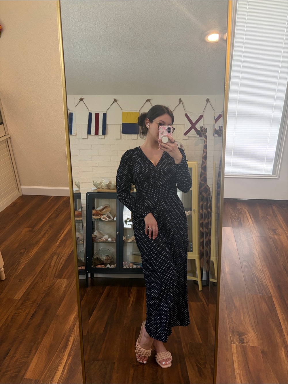 Vintage Long Sleeve Navy Polka Dot Wide Leg Jumpsuit